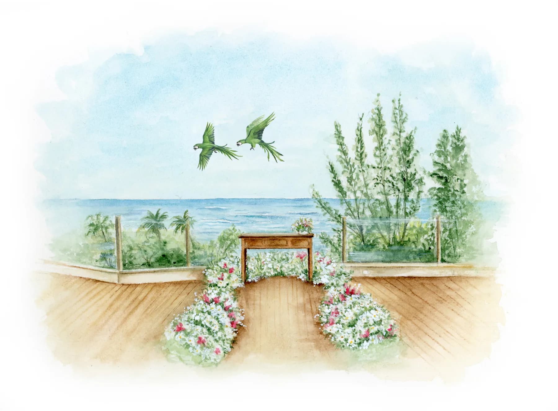 Aquarela do altar à beira-mar, com maritacas voando